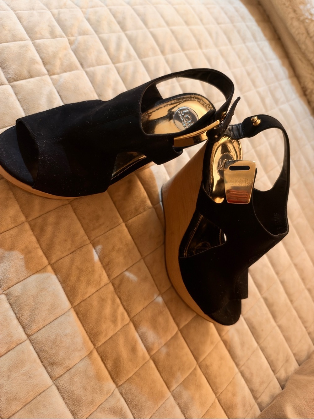 Black Suede Wedge Sandals with Wood-Look Platform